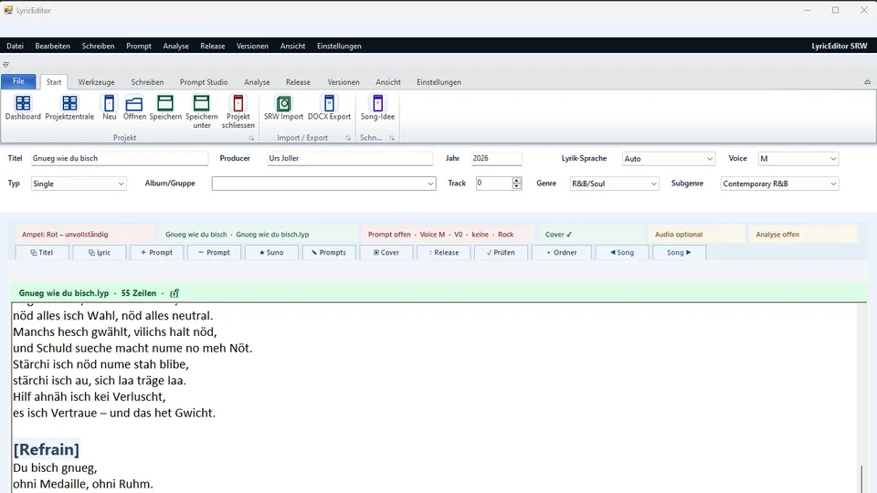 Lyric Editor mit Ribbon und Songtext